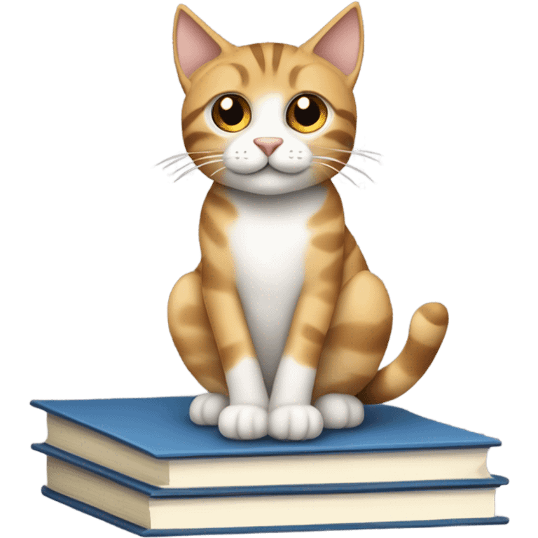 A minimalistic emoji-style illustration of a tabby cat with white paws and chest, sitting on a stack of books and papers. The cat looks to the side with perked ears, and its tail extends slightly off the surface. The background is simple and neutral, with a hint of a window or curtain for context. emoji