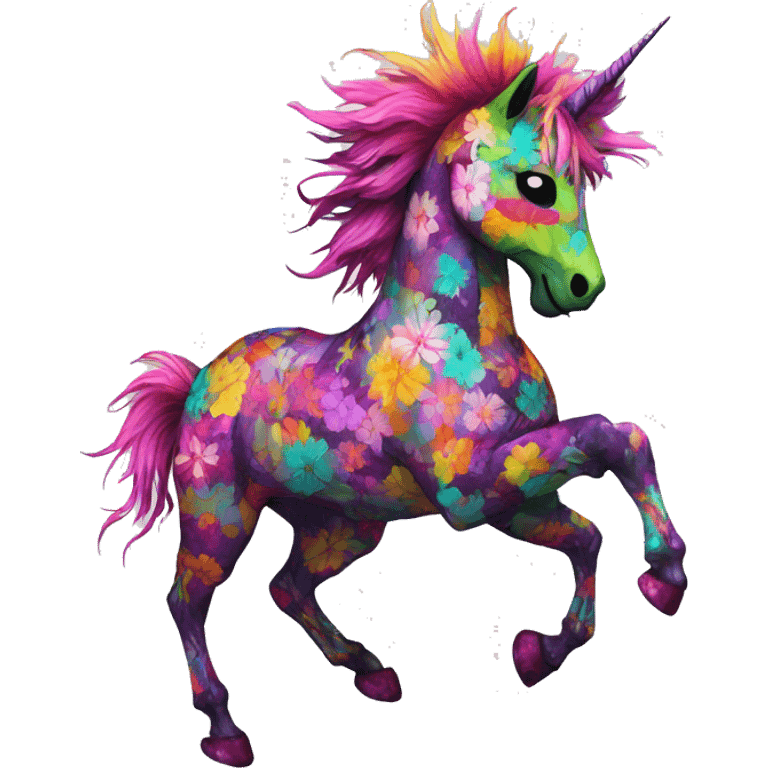 Trippy patchwork Zombie Pegasus unicorn psychedelic flowers floral groovy art neon rave raving emoji