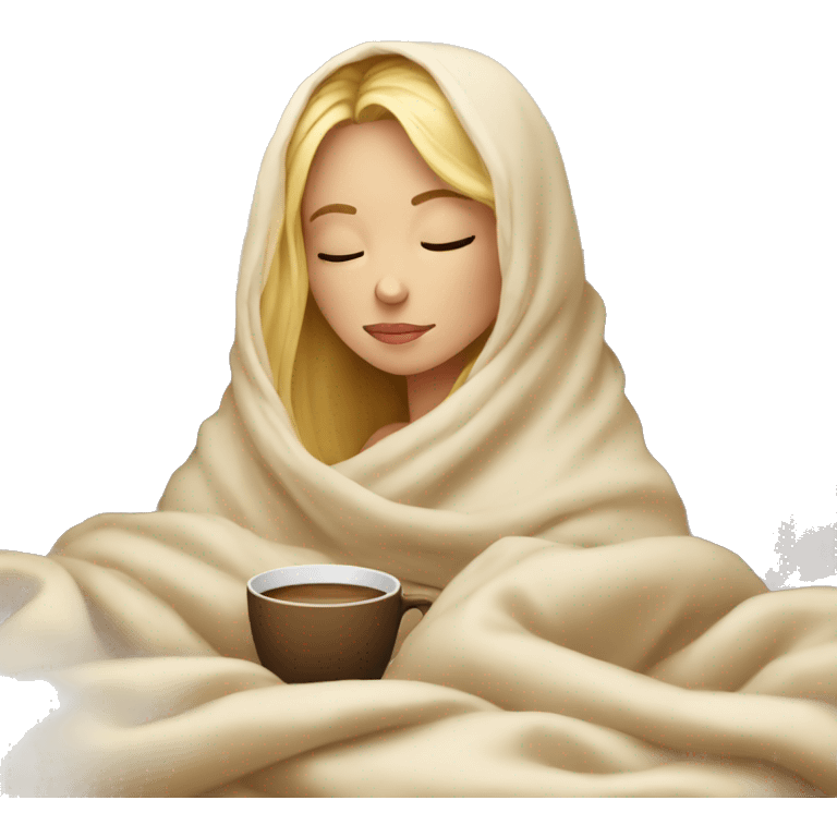 Blonde girl inside a blanket sipping coffee eyes closed emoji