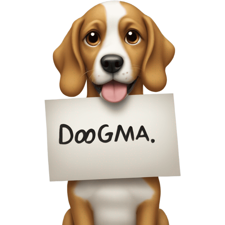 Dog holding a sign saying dogma emoji