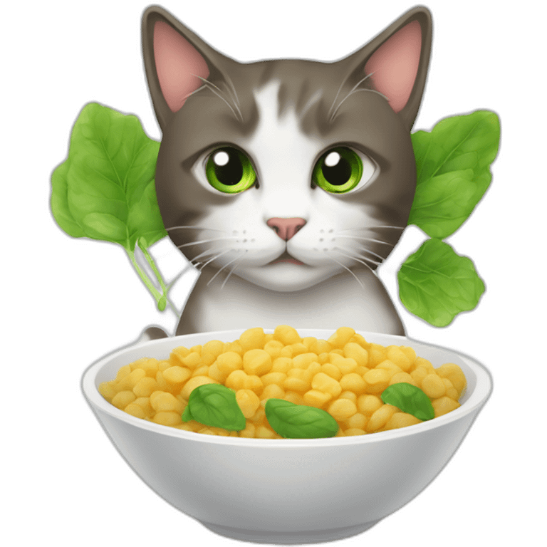 Katze mit Katzenfutter am Essen mit grünen augen emoji