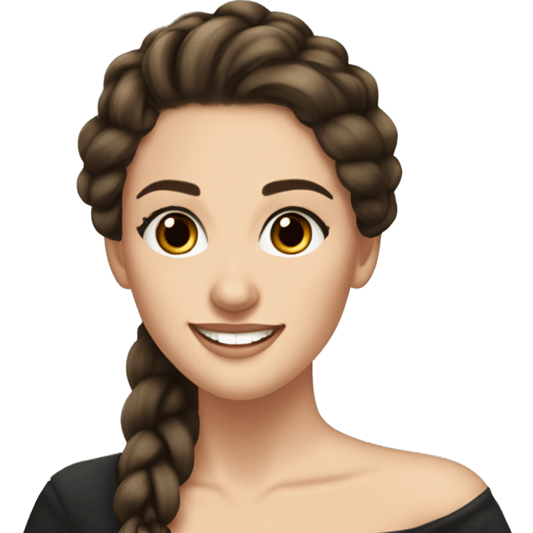 Young beautiful white woman with dark brown eyes and long eyelashes, dark hair that is braided in 2 spikelets, big smile, black dress  emoji