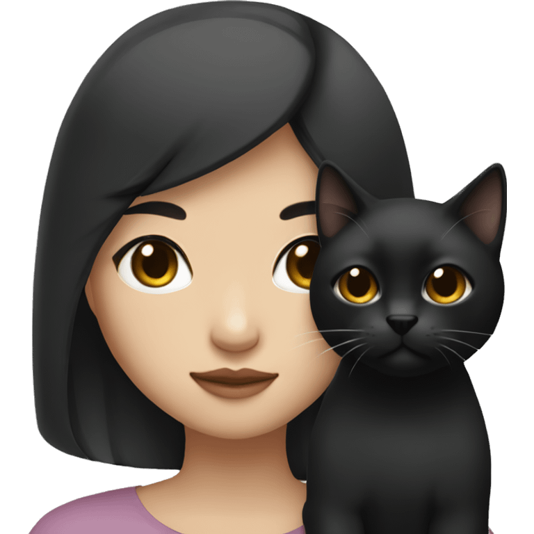 Asian girl with black eyes color and black hair holding black cat emoji