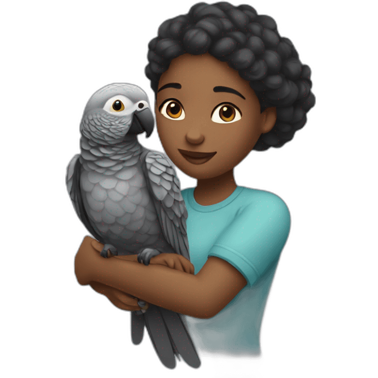 Black girl hugging an African grey parrot emoji