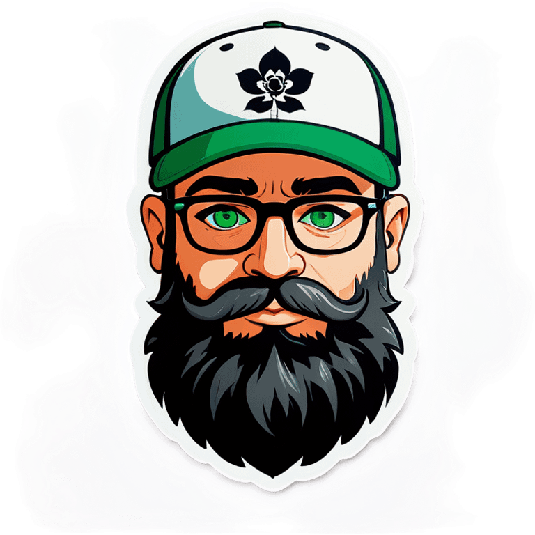 A bold man with a grey baseball cap, green eyes, big beard and glasses, holding flowers emoji