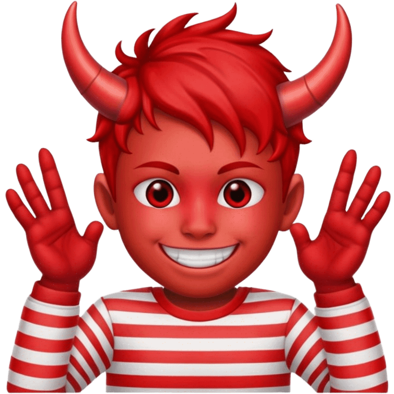 smiling boy in striped shirt with red face and devil horns emoji