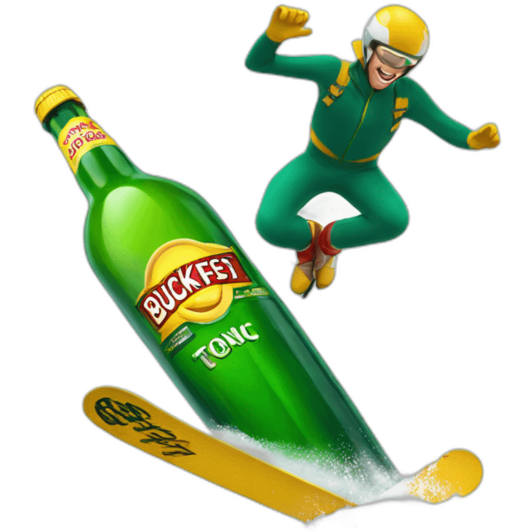 Man ski jumping over a giant green bottle of buckfast tonic wine emoji