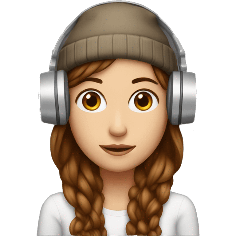 skinny lady, long brown hair with beanie and big headphones holding a box emoji