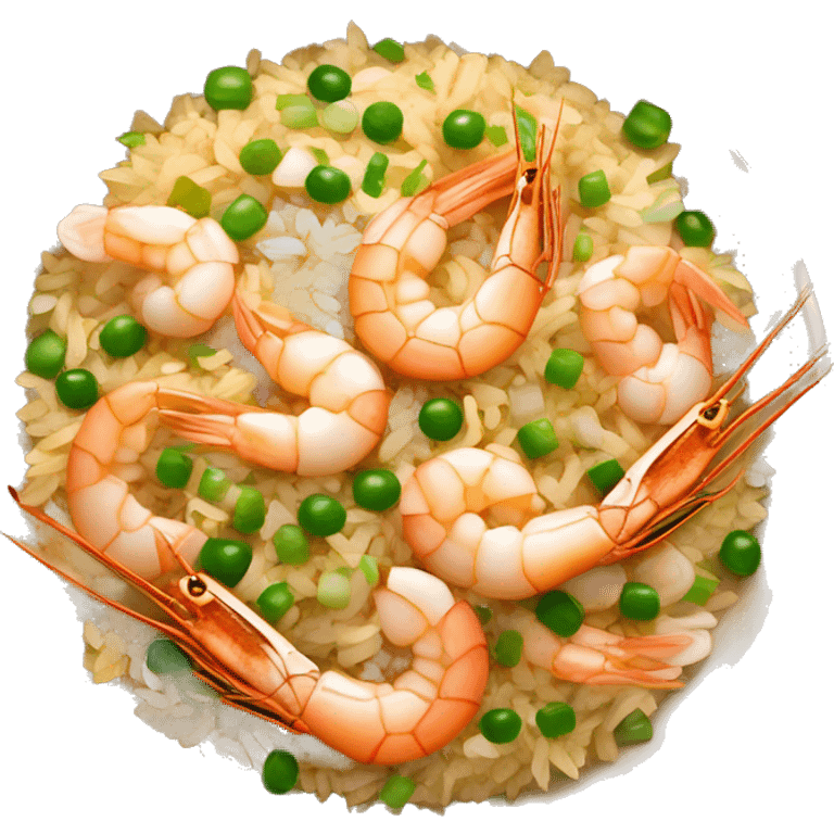 a freshly cooked bowl of gold prawn egg fried rice garnished with sliced garlic and spring onions emoji