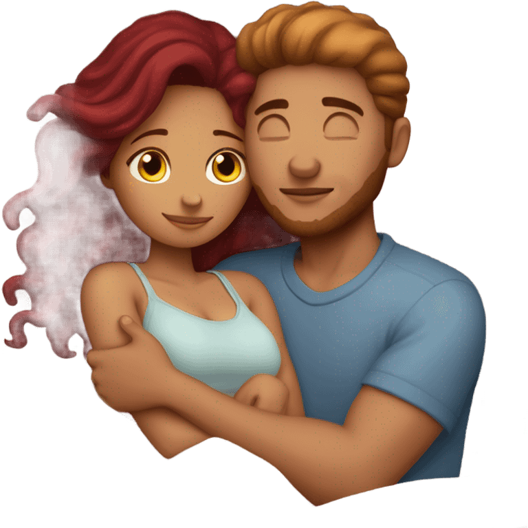 Burgundy haired girl and boyfriend cuddling in bed emoji