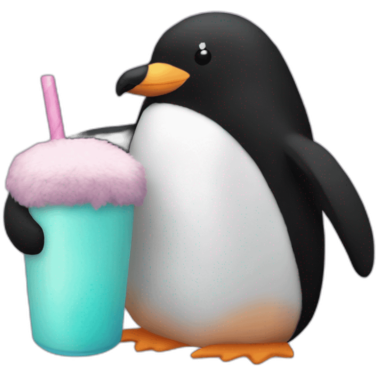 Penguin plushie with a boba plushie emoji