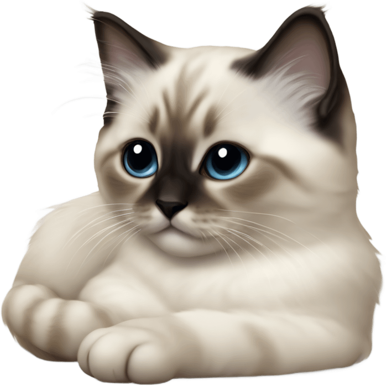 an entire birman kitten, small face, some spots of dark on the ears and middle of the face, laying down relaxed on a shoulder. emoji