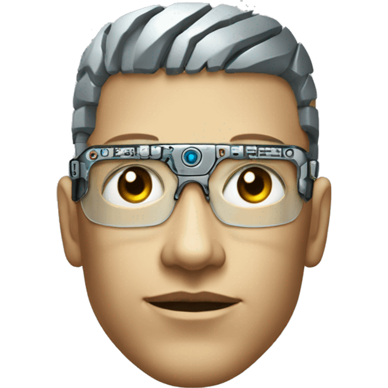 Male cyborg head with metallic skin, flat top, rectangular glasses and circuits emoji