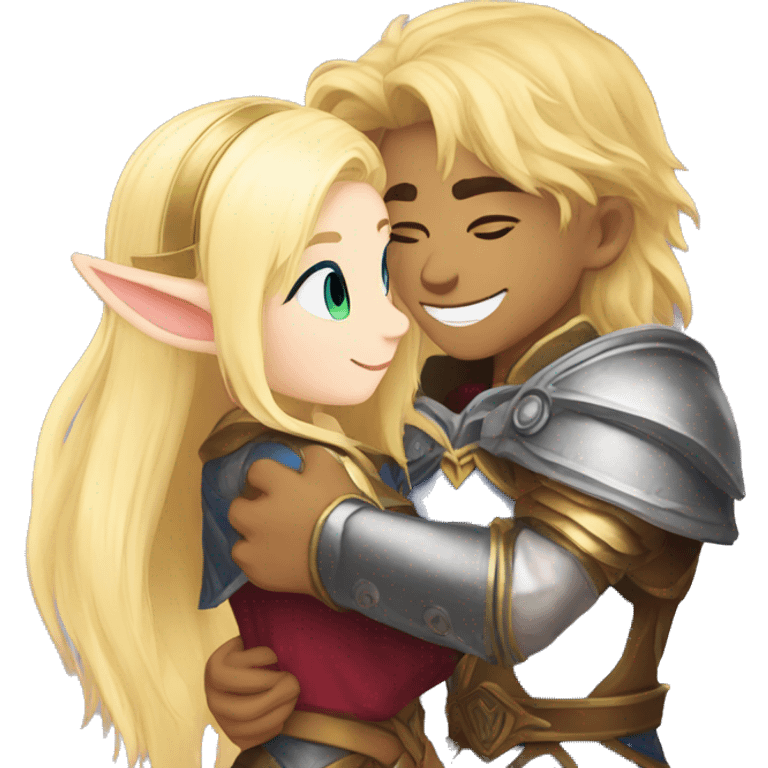 A lion paladin and a blonde elf mage hugging emoji