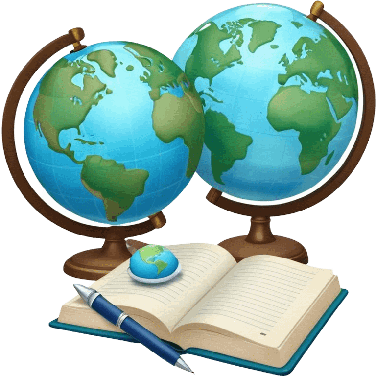 Create an emoji representing language translation. The design should feature a globe in the background, symbolizing international communication. In front of the globe, place two books or sheets of paper with texs on them and a pen nearby to indicate the act of writing. Use a clean and professional color palette with blues, greens, and neutral tones. Make the background transparent. emoji