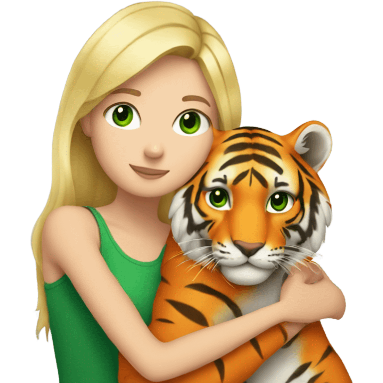 A blonde white girl with green eyes hugs an orange tiger emoji