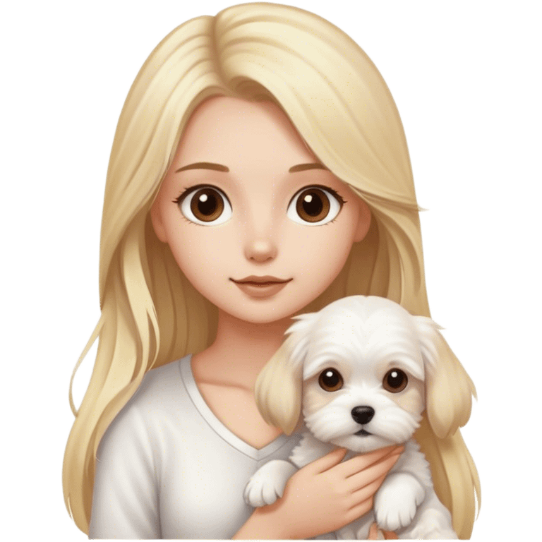 Blond long hair brown eyes girl with maltese puppy emoji