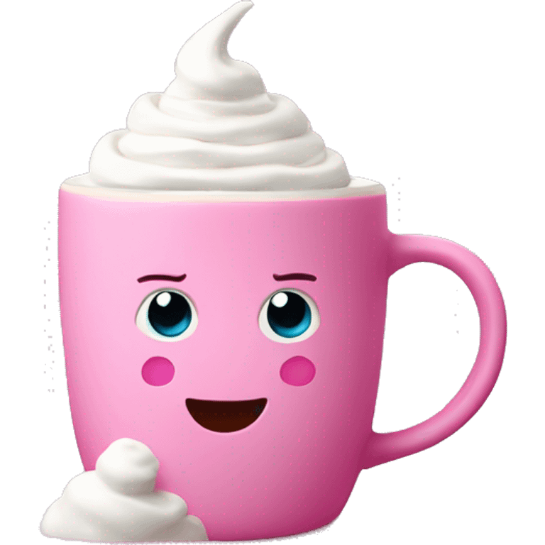 Hot chocolate in pink mug with whip cream emoji