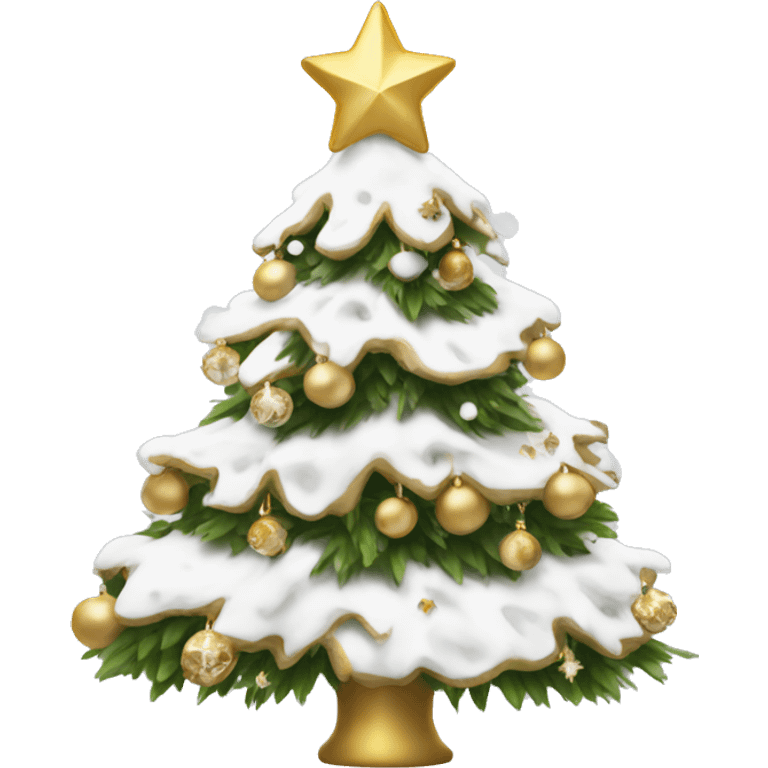 snow christmas tree with white and gold decorations emoji