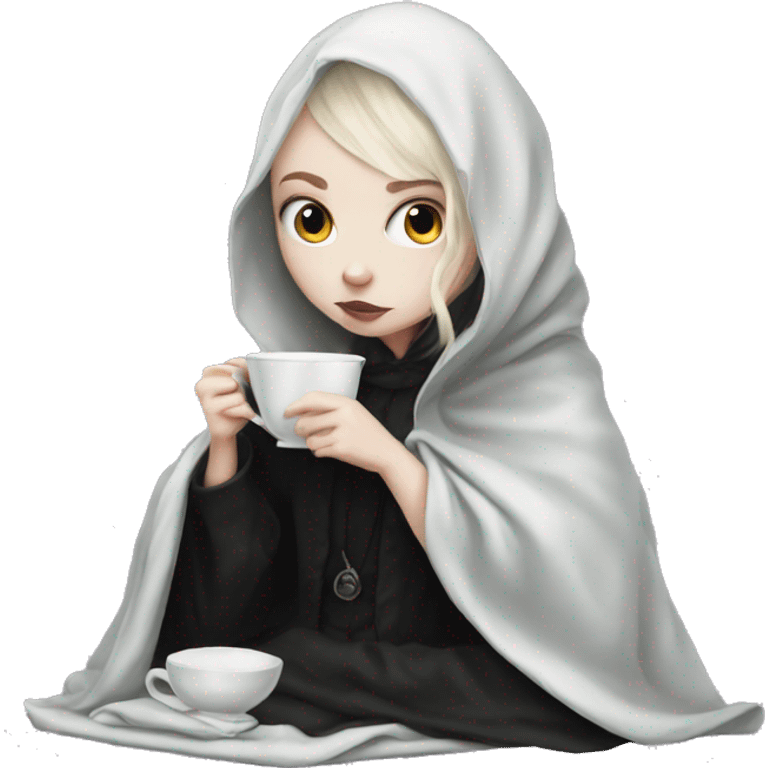 gothic pale Girl drinking tea with blanket on emoji