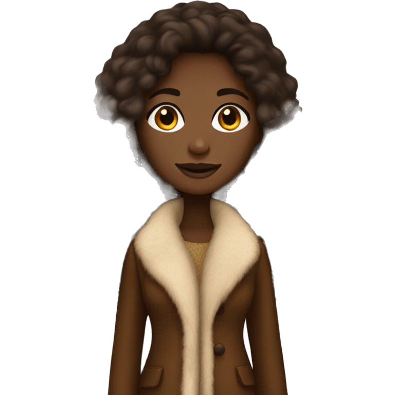 Black girl with deep skin tone, golden brown hair, wearing long fur coat and chocolate brown boots emoji