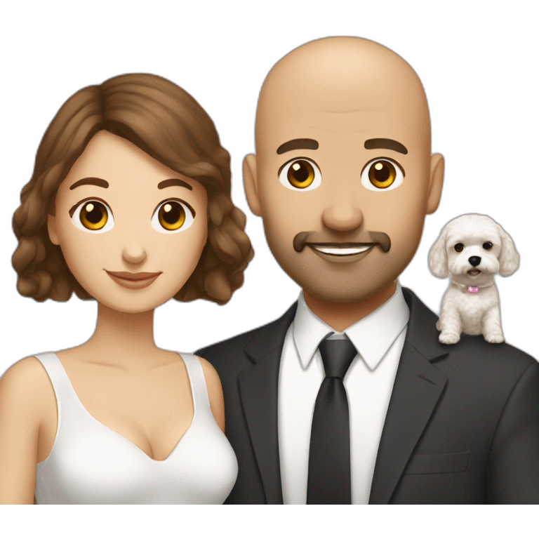 a bald man and brown straight haired woman with white maltipoo emoji