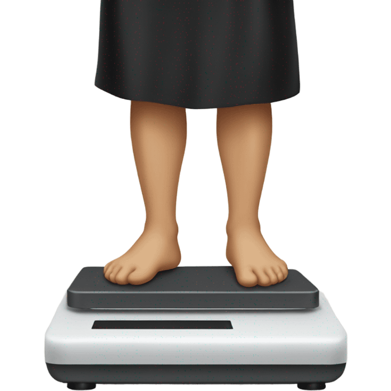 Man with bare legs wearing black smock standing on weight loss scale emoji