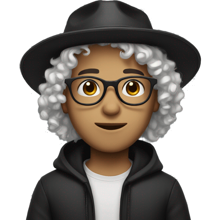 a boy, white skin, curly long hair, black hat and glasses emoji