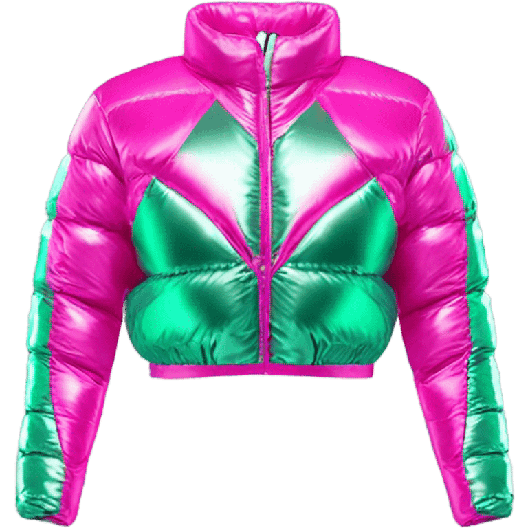 Realistic isolated side view of an open metallic hot pink cropped puffer jacket and metallic mint green sports bra underneath the jacket. emoji