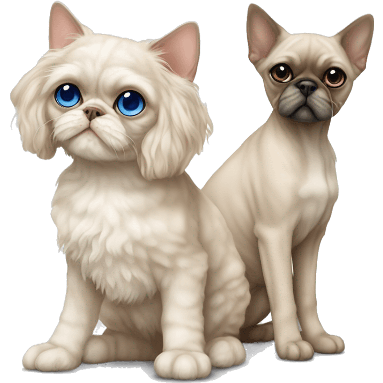 Beige Devon Rex Cat with blue eyes sitting next to a larger beige shih tzu  dog  emoji