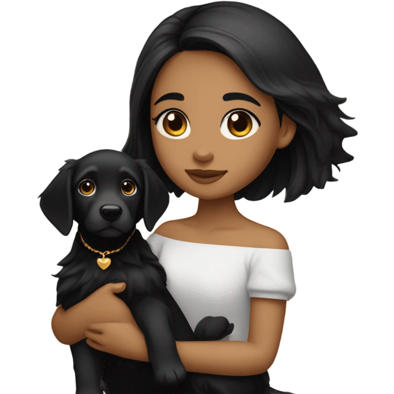 girl with a porcelain fair skin and long straight black hair with a small face wearing an off shoulder black shirt, while holding her golden retriever puppy  emoji