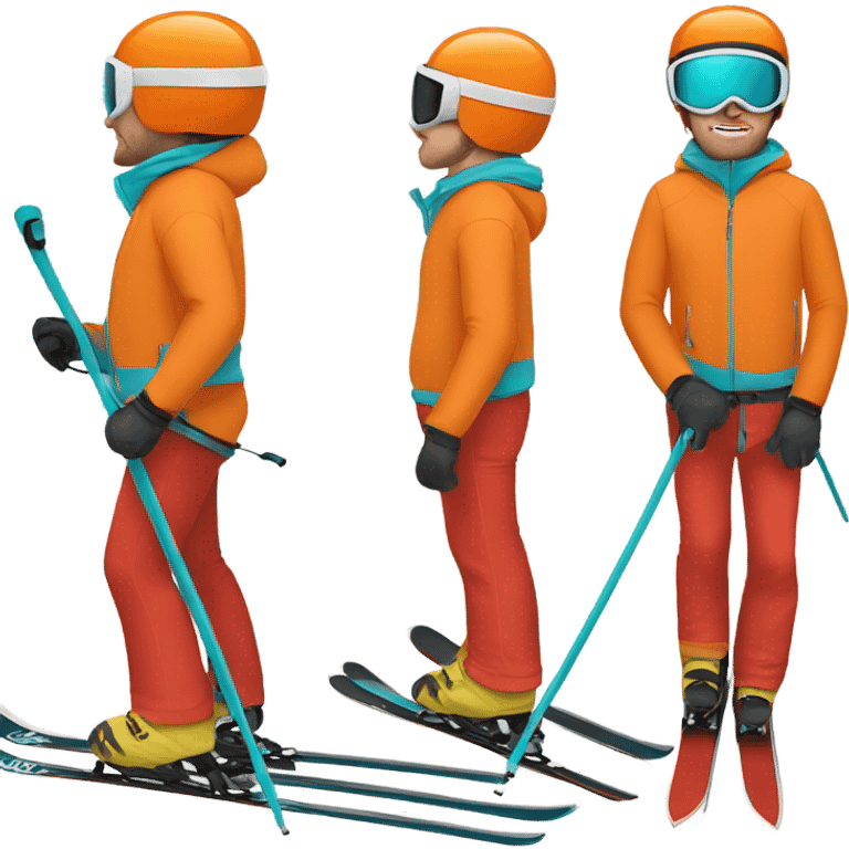 white man skiing wearing an ORANGE JACKET and wearing a RED HELMET and wearing TURQUOISE PANTS emoji