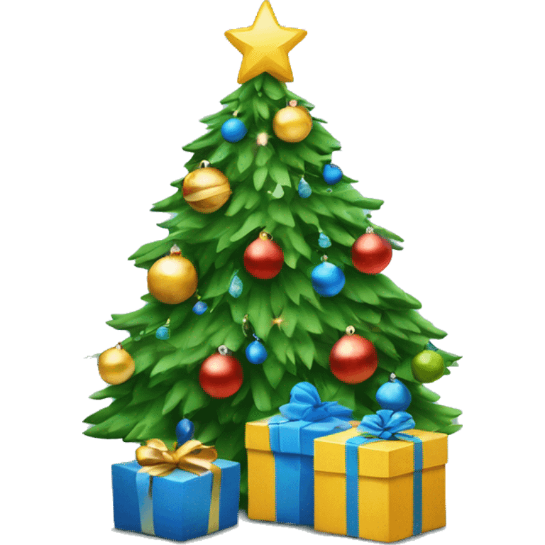 Christmas tree with blue ornaments, lights and with gifts wrap under the tree emoji