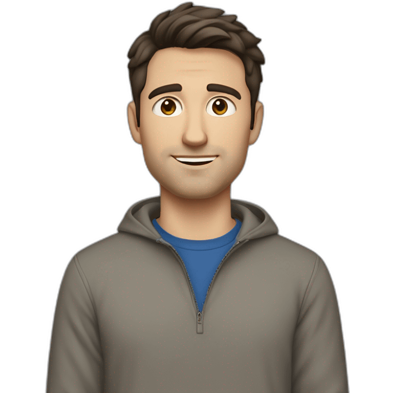 white guy, 30 years old, dark hair, medium height, blue eyes, wearing a grey pullover, gray chinos and brown chelsea pants emoji