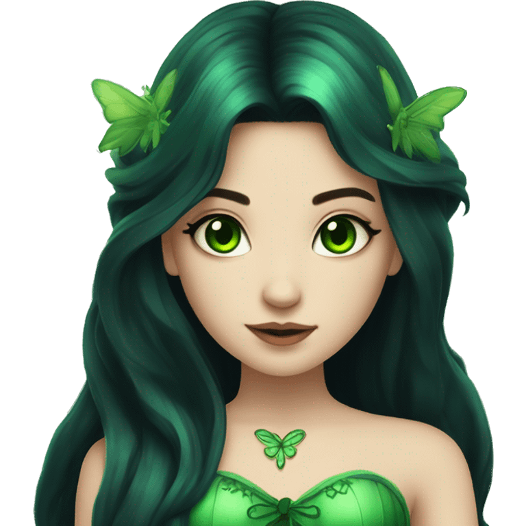 Fairy with long black hair pale skin deep green eyes green wings and green corset emoji