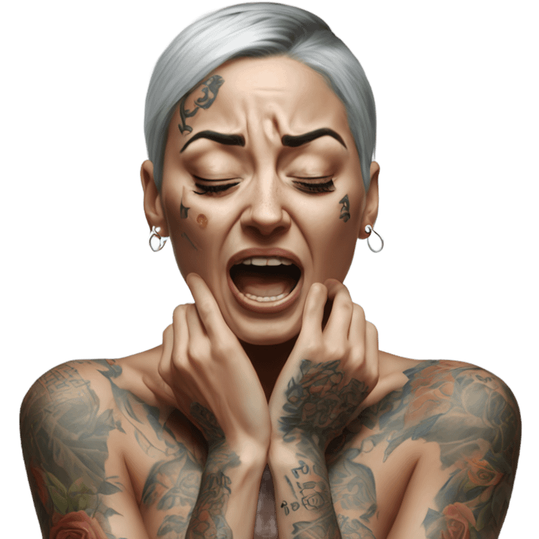 Hyper Realistic Beautiful tattooed woman crying and reaching her arms out emoji