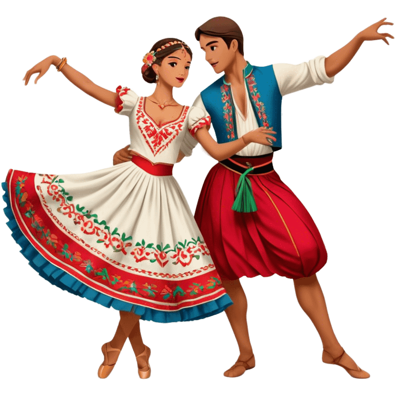 Cinematic Realistic scene of two dancers performing the Tarantella, dressed in vibrant, flowing traditional costumes with detailed embroidery and dynamic skirts, captured in festive motion with warm, lively lighting emoji