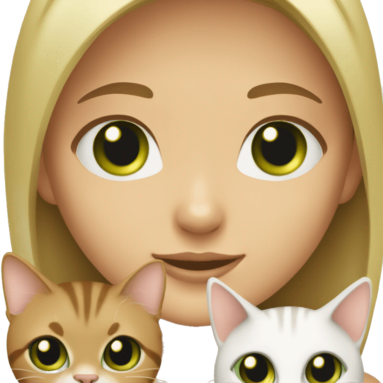 Blonde girl with green eyes holding two cats. One is white with green eyes and the other is a brown tabby emoji