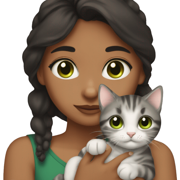 brownskin girl with brown eyes and black hair cuddling one gray tabby cat with green eyes emoji