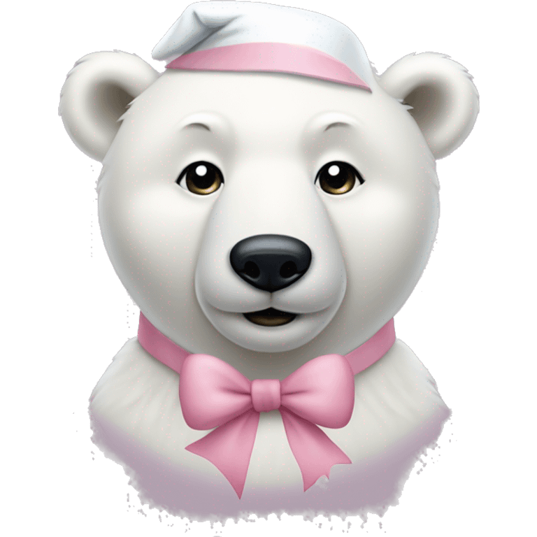 white polar bear wearing light pink santa hat and bow emoji