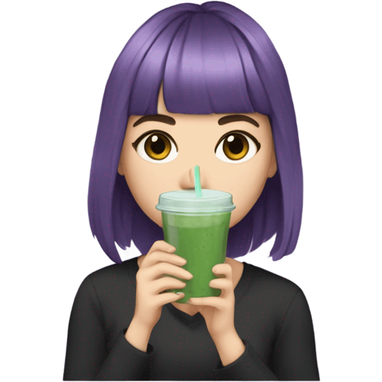  one white girl with eyeliner, mid length hair wavy, purple hair, bangs, holding iced matcha, dark shirt emoji