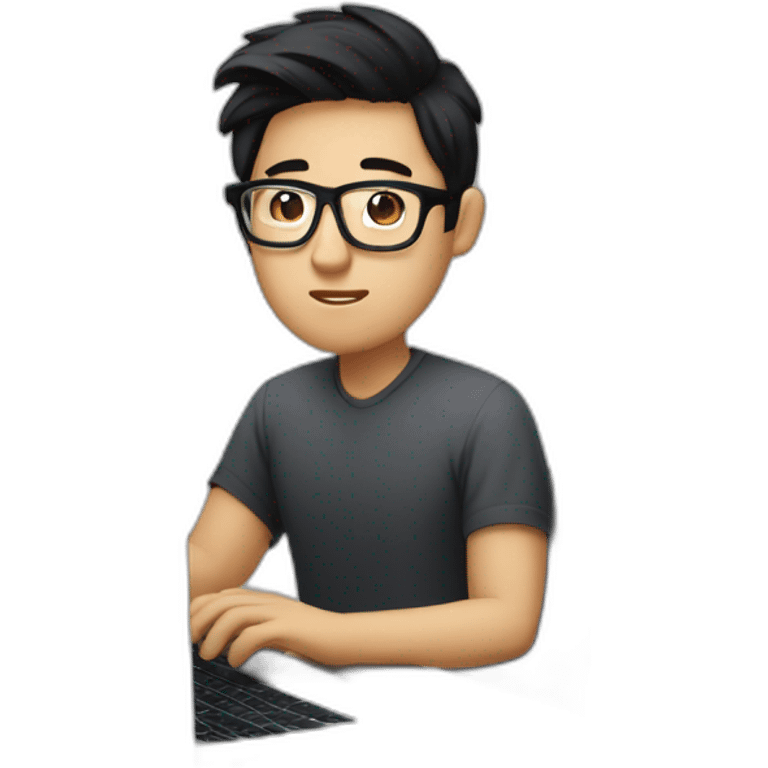 an SEO/tech guy with specs working on his macbook, black hair, asian - white emoji