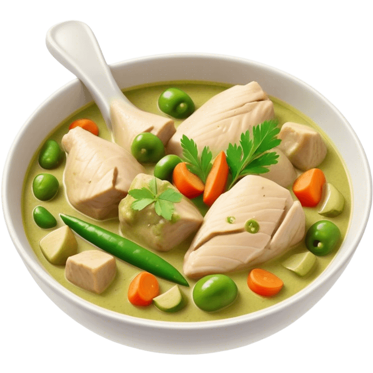 Green Chicken Curry Cinematic Realistic Green Chicken Curry Dish Emoji, depicted as tender chicken chunks simmered in a fragrant green curry sauce with vegetables, rendered with vivid textures and dynamic, vibrant lighting. emoji