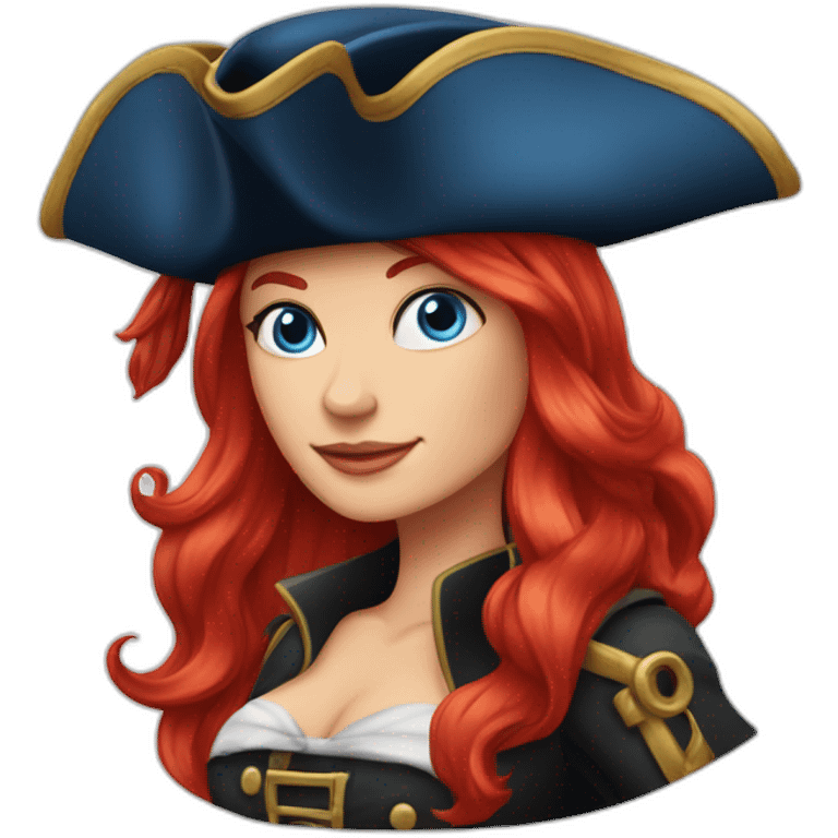 Woman long red platted hair, hair to one side. pirate hat. One side of head has no hair. Blue eyes. skull and crossbones t shirt emoji