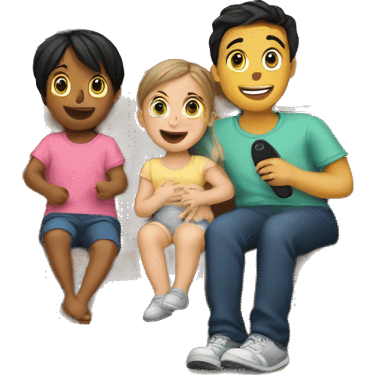 3 kids and a baby playing in front of a television emoji