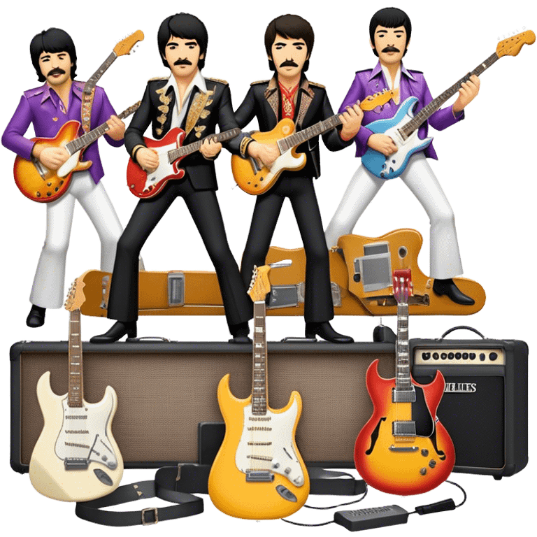 Rock music icon: dynamic collage of global rock legends like The Beatles, Jimi Hendrix, Elvis Presley, Freddy Mercury and Curt Cobane, surrounded by guitars, amplifiers, and stage lights. Symbolizing the energy and power of rock music. Transparent background. emoji