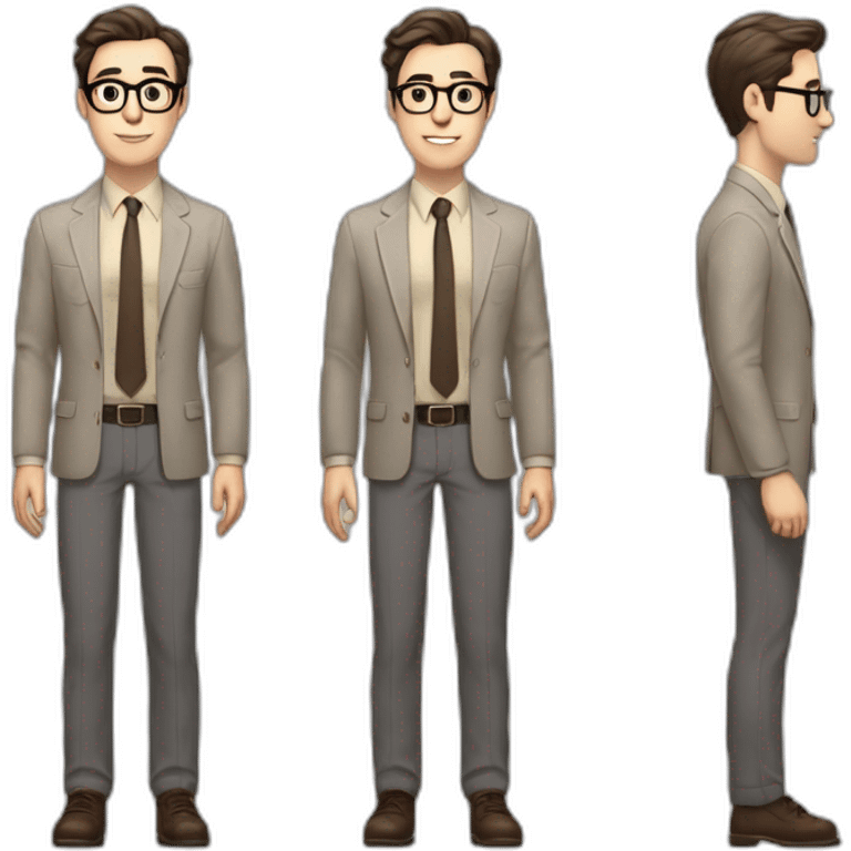 Full height Pale skinned Fit Man With dark brown hair in gray jacket, beige office shirt, tie, Brown pants and vintage glasses. Thrumbs of his palms directed up emoji