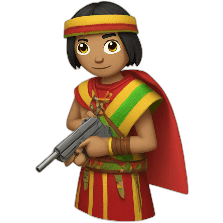 An Inca man, neck-length black hair, wearing a red headband and wearing a red poncho (with yellow, green and red lines) and holding a pistol emoji