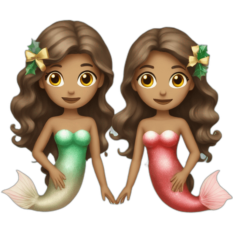 Two brown haired mermaids dressed for Christmas  emoji