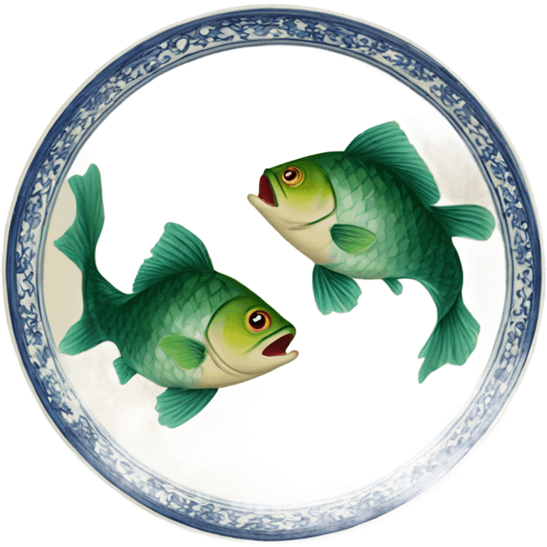 Two fish one above the other but green and beige china dish print emoji